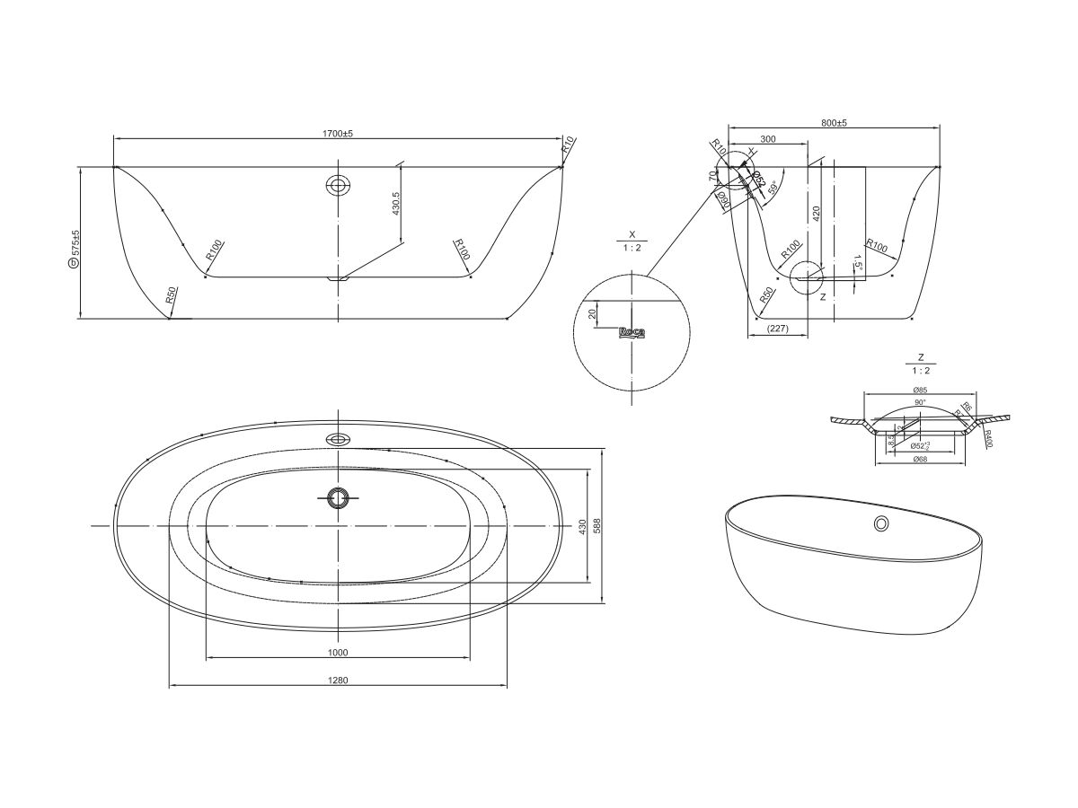 Roca Virginia Freestanding Bath 1700mm with Overflow White/ Chrome from