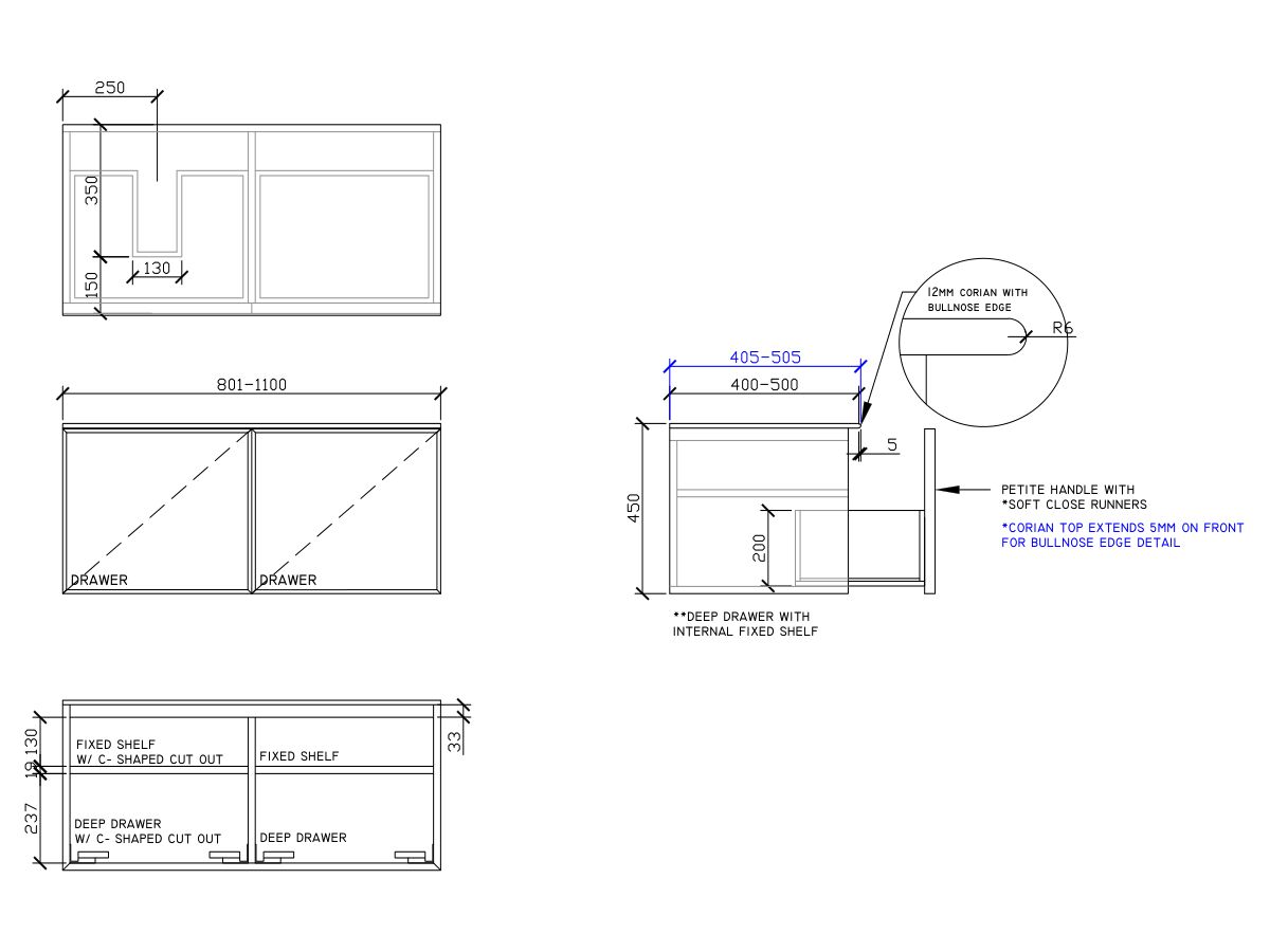 ISSY Adorn Above Counter / Semi Inset Wall Hung Vanity Unit with Two Drawers & Internal Shelves with Petite Handle 801-1100mm x 400-500mm x 450mm OFFSET LEFT