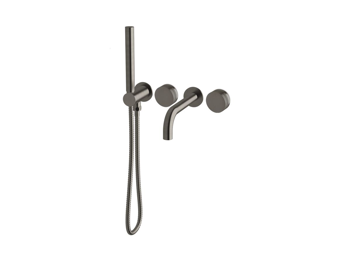 Milli Pure Progressive Bath Mixer Tap System 160mm with Hand Shower Right Hand and Cirque Textured Handles Brushed Gunmetal (3 star)