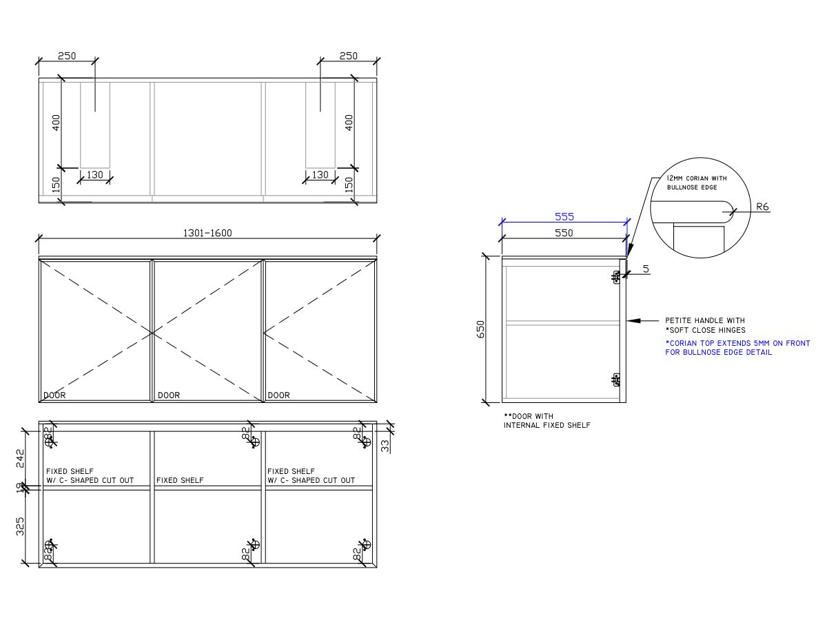 ISSY Adorn Undermount Wall Hung Vanity Unit with Three Doors & Internal Shelf with Petite Handle 1301-1600mm x 550mm x 650mm DOUBLE BASIN (CENTRE RIGHT)