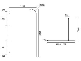 Technical Drawing - Kado Lux Frameless Curved Panel with Wall Channel Clear Glass 1200mm