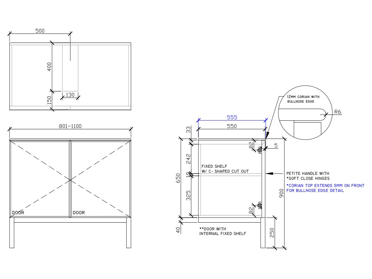 ISSY Adorn Undermount Vanity Unit with Legs Two Doors & Internal Shelves with Petite Handle 801-1100mm x 550mm x 900mm CENTERED (OPENS BOTH SIDES)