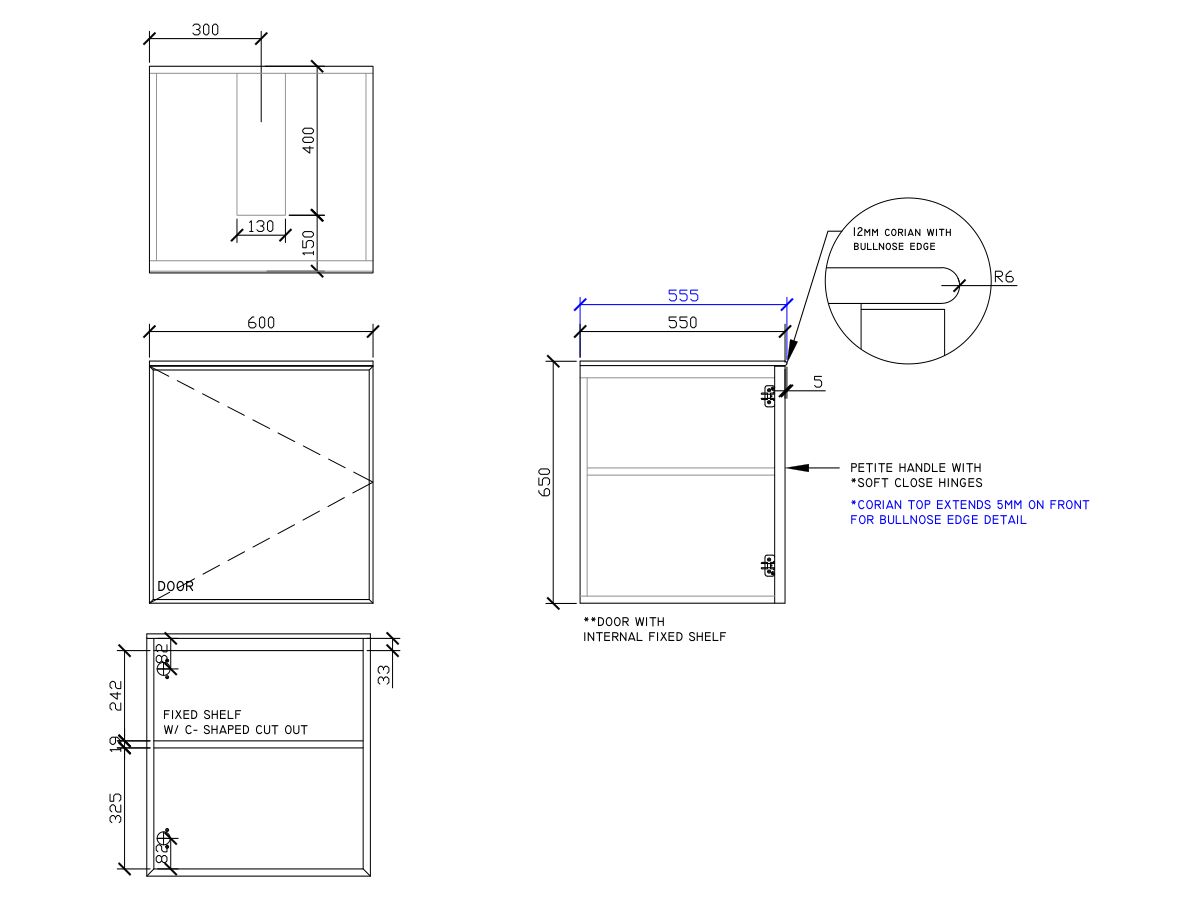 ISSY Adorn Undermount Wall Hung Vanity Unit with One Door & Internal Shelf with Petite Handle 600mm x 550mm x 650mm CENTER (LEFT)