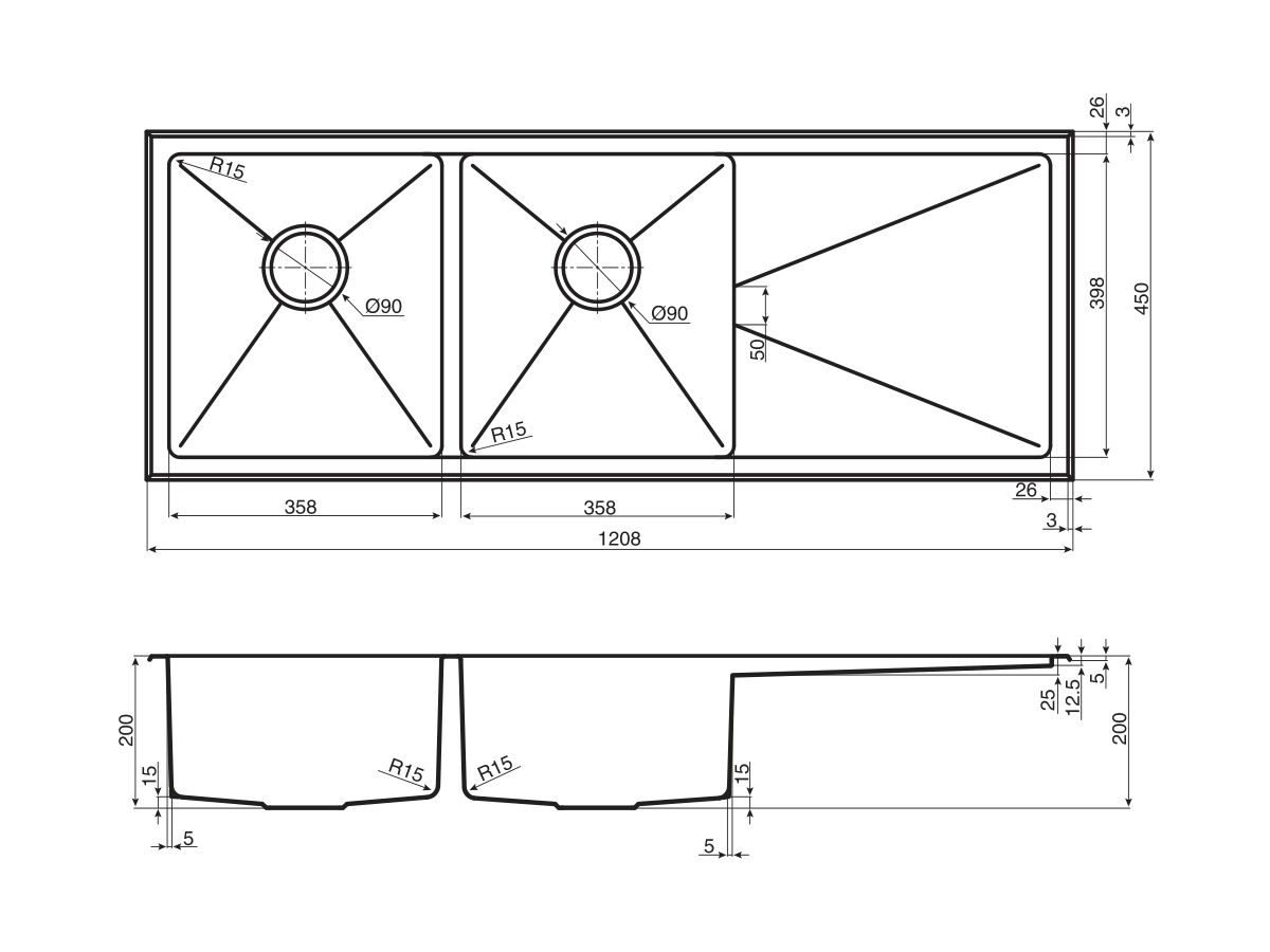 AFA Exact Double Bowl Inset/ Undermount Left Hand Bowl Sink No Taphole 1208mm Stainless Steel