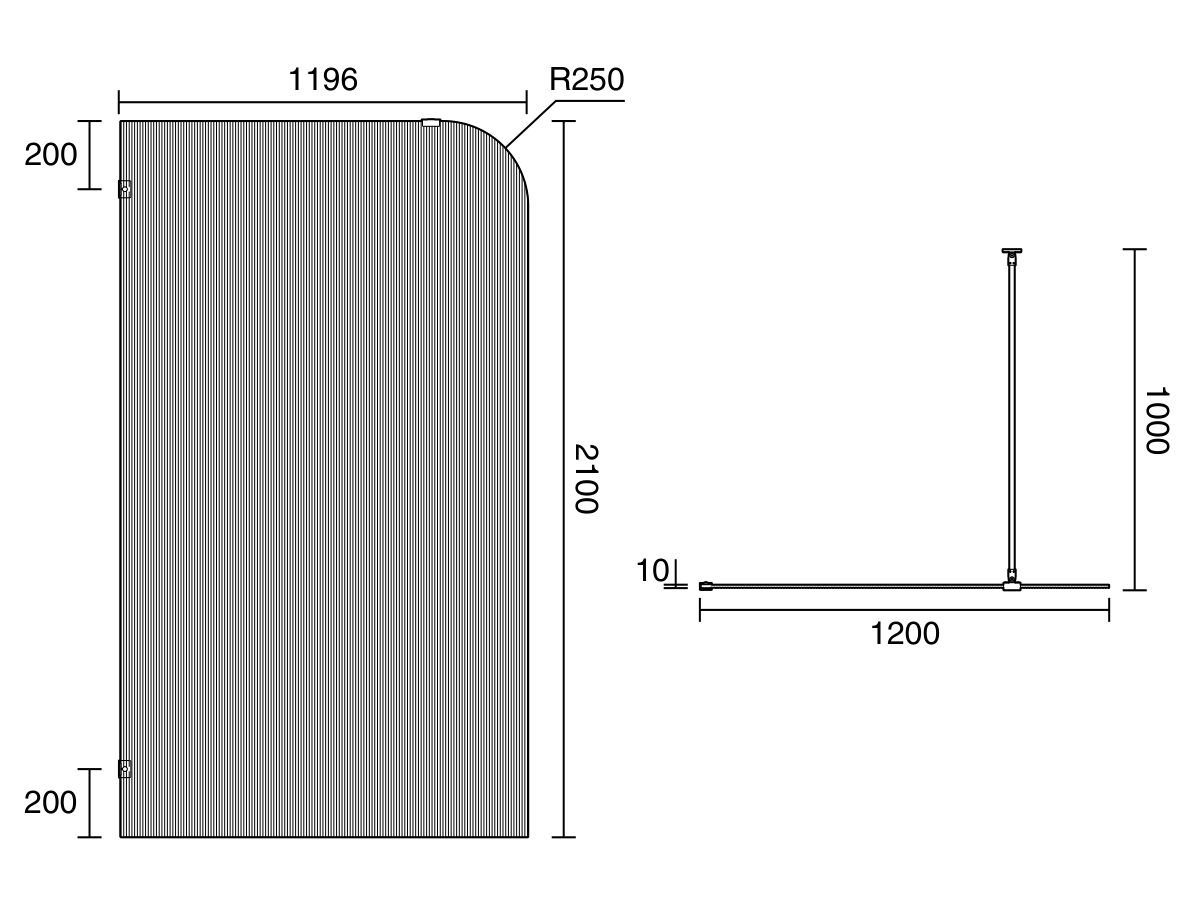Technical Drawing - Kado Lux Frameless Curved Left Fluted Panel with Wall Clips 1200mm