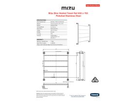 Specification Sheet - Mizu Bloc Heated Towel Rail 760mm x 850mm Polished Stainless Steel