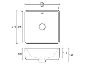 Technical Drawing - Roca The Gap Square Above Counter Basin 390mm x 370mm With Overflow White