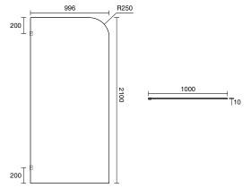 Technical Drawing - Kado Lux Frameless Curved Panel with Wall Clips Clear Glass 1000mm