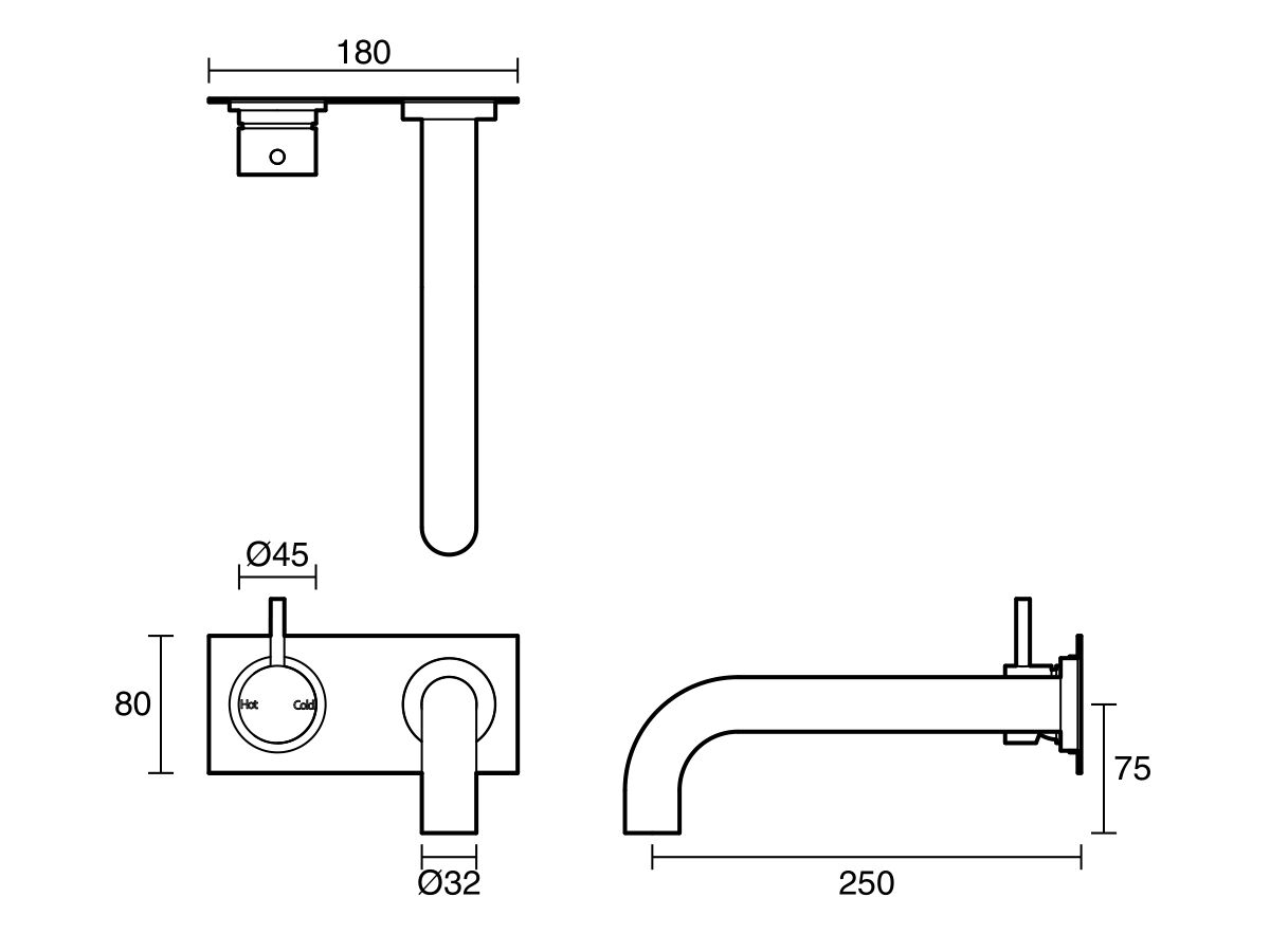 Technical Drawing - Scala 32mm Curved Wall Basin Mixer Tap System Left Hand Mixer Tap 250mm Outlet