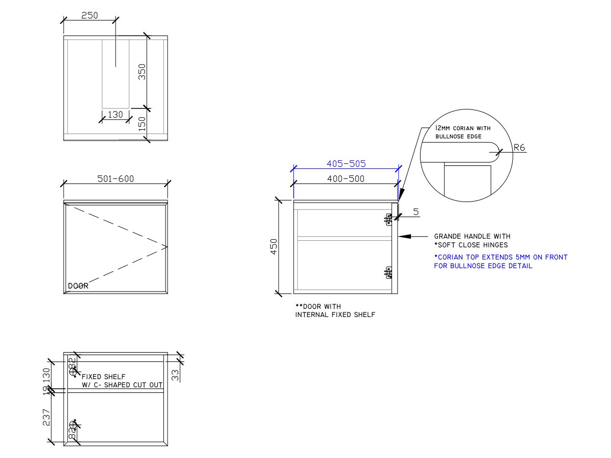 ISSY Adorn Above Counter / Semi Inset Wall Hung Vanity Unit with One Door & Internal Shelf with Grande Handle 501-600mm x 400-500mm x 450mm CENTER (LEFT)