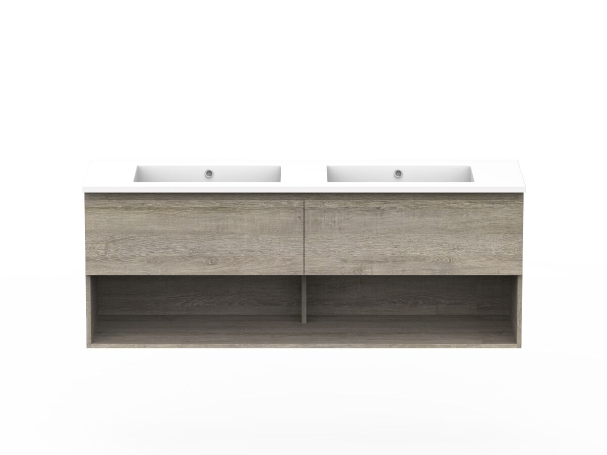 Posh Domaine Open Shelf All-Drawer 1500mm Double Bowl Wall Hung Vanity Cast Marble Top