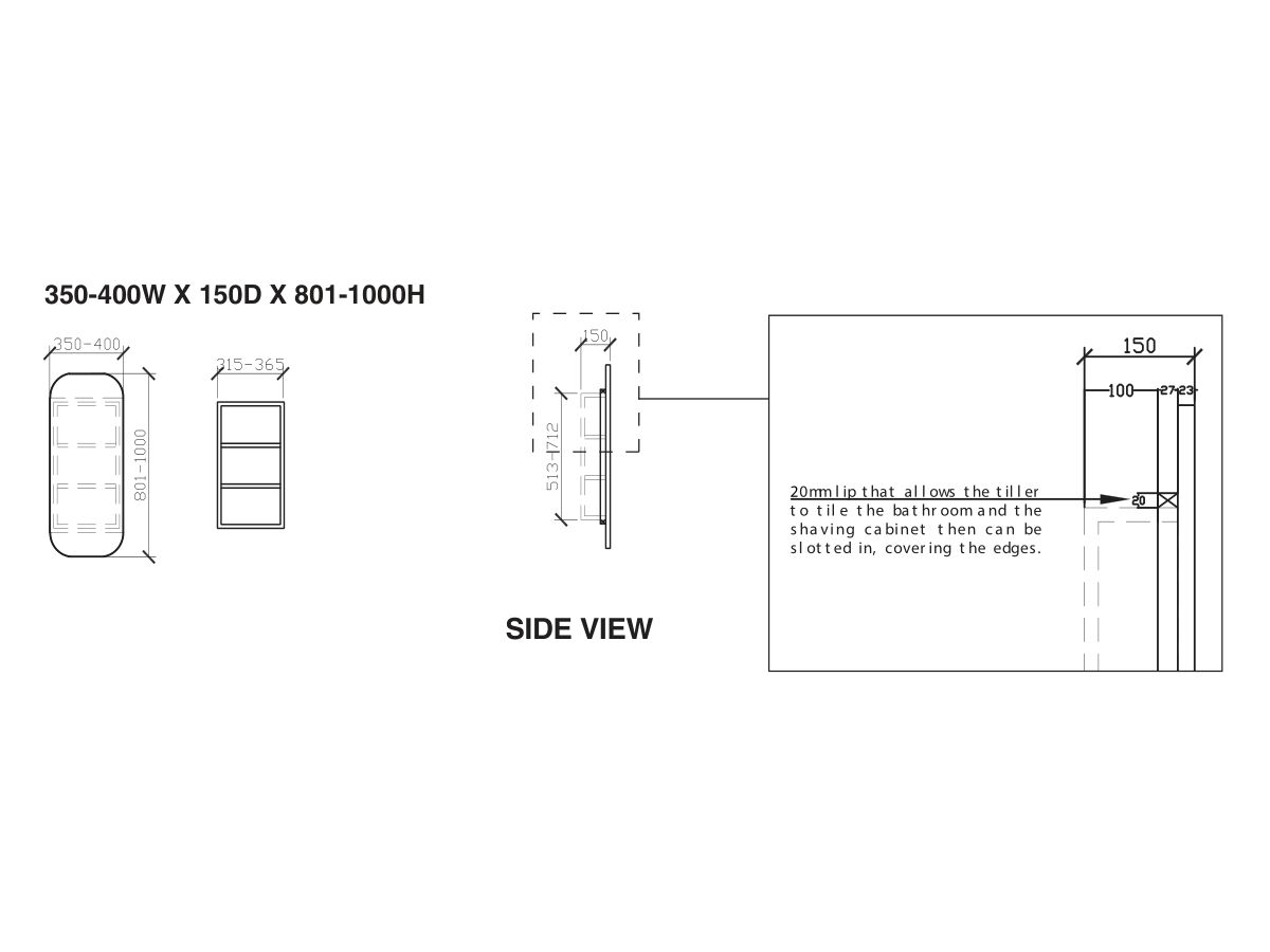 ISSY Z1 350 400mm x 150mm x 801 1000mm Custom Recessed Oval Mirror with Shaving from