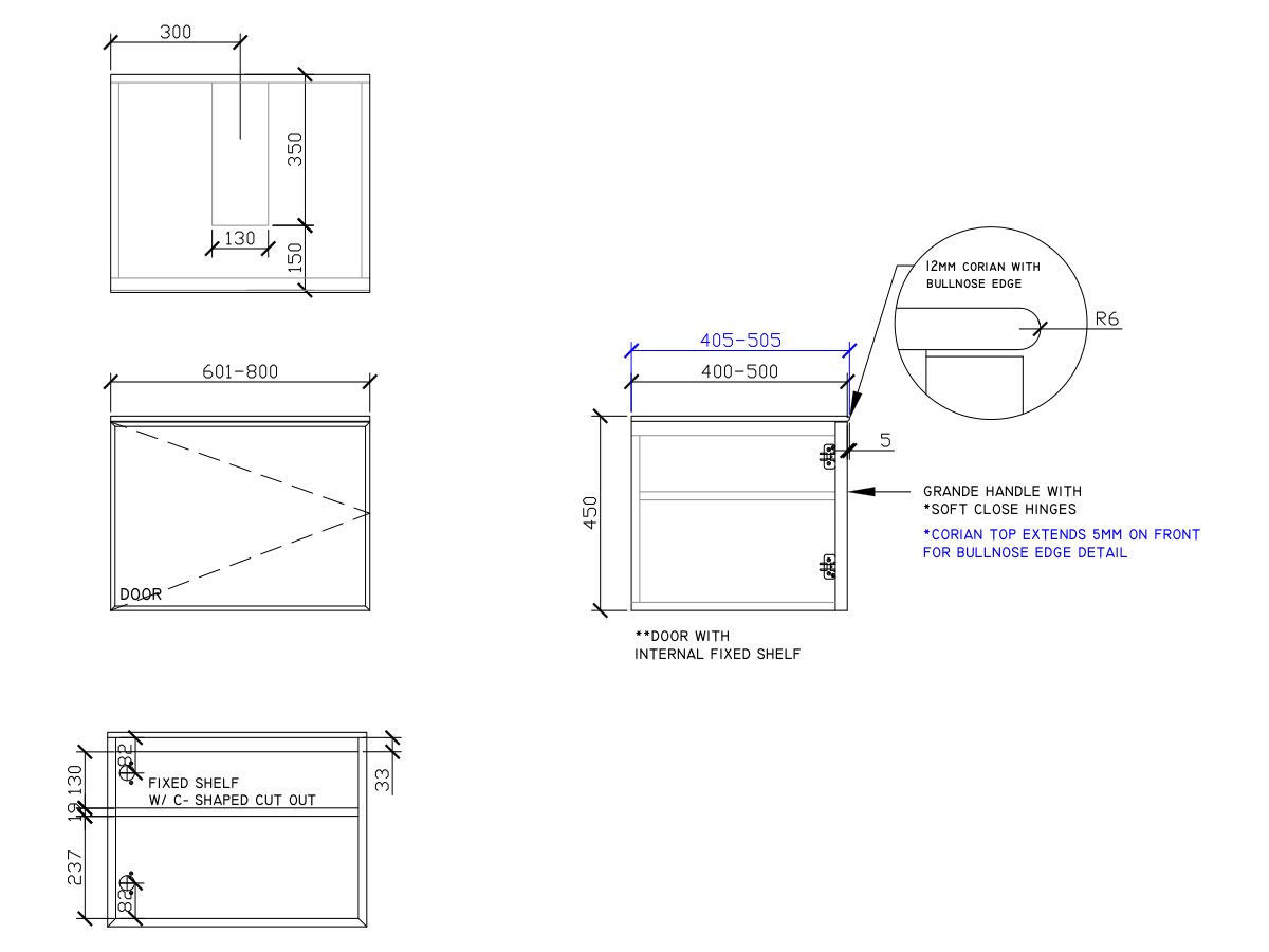 ISSY Adorn Above Counter / Semi Inset Wall Hung Vanity Unit with One Door & Internal Shelf with Grande Handle 601-800mm x 400-500mm x 450mm CENTER (LEFT)