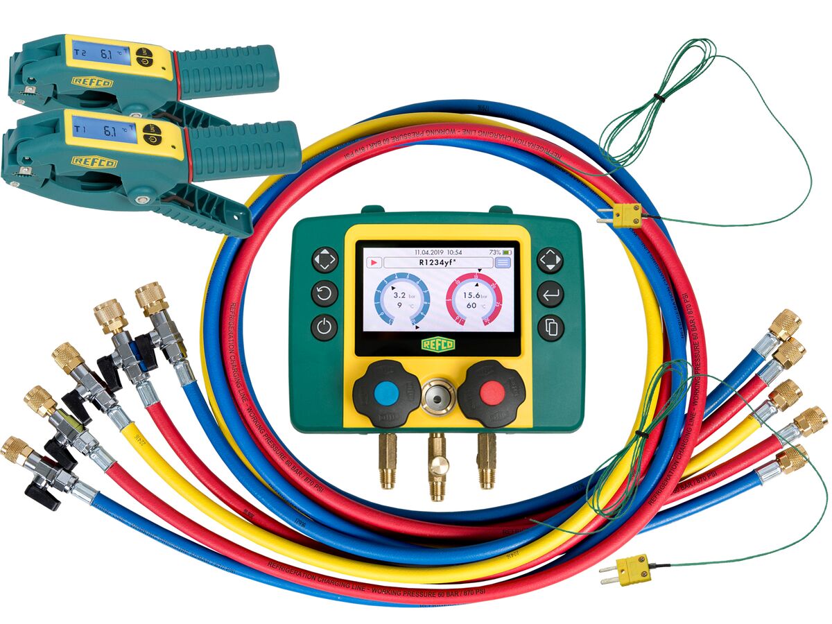 Refmate 2 Digital Manifold With 2 Temperature Sensors & 5 x 60" Hoses With Ball Valves & 2 Wireless Temperature Clamps"