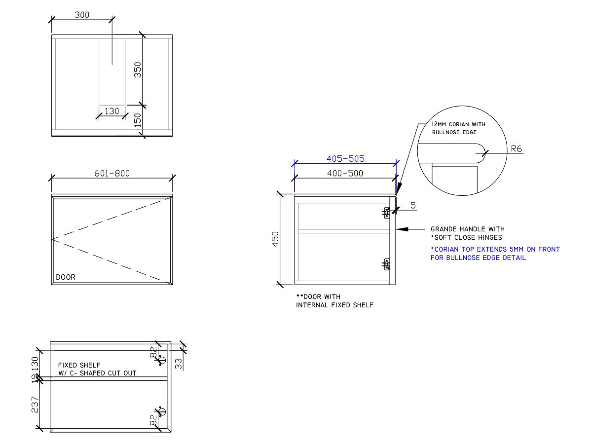 ISSY Adorn Above Counter / Semi Inset Wall Hung Vanity Unit with One Door & Internal Shelf with Grande Handle 601-800mm x 400-500mm x 450mm CENTER (RIGHT)