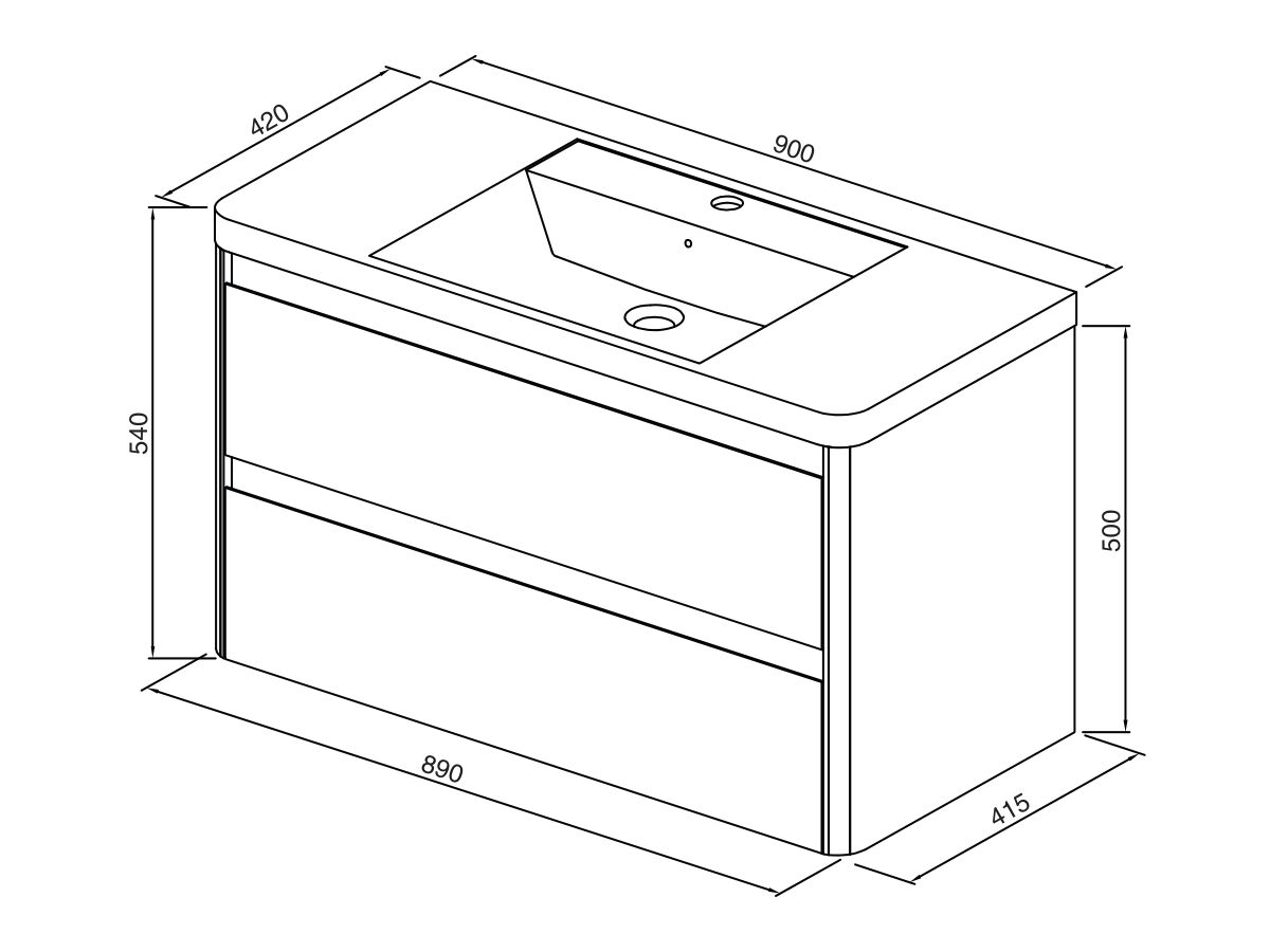 Posh Solus 900mm Wall Hung Vanity Unit 2 Drawer 1 Taphole with Overflow