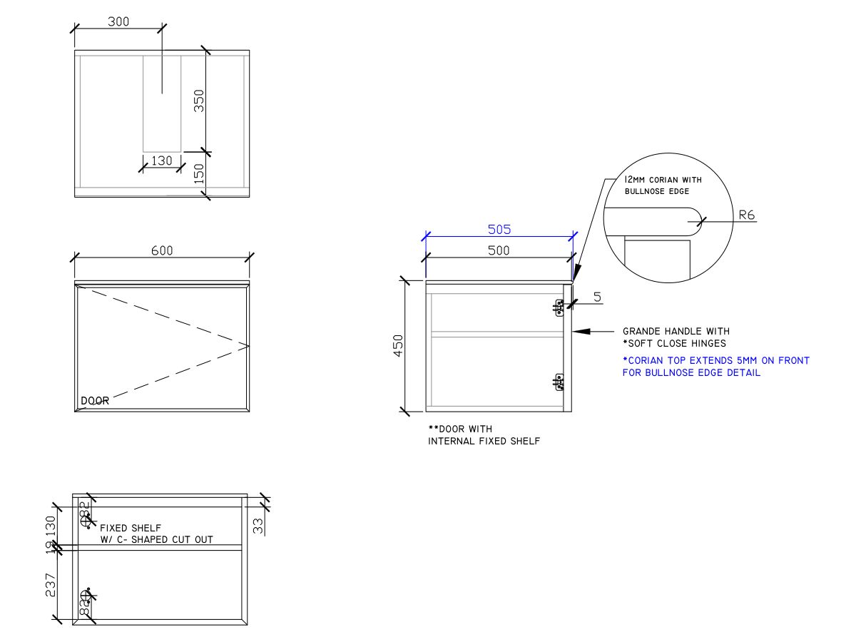 ISSY Adorn Above Counter / Semi Inset Wall Hung Vanity Unit with One Door & Internal Shelf with Grande Handle 600mm x 500mm x 450mm CENTER (LEFT)