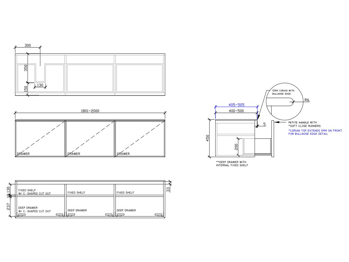 ISSY Adorn Above Counter / Semi Inset Wall Hung Vanity Unit with Three Drawers & Internal Shelves with Petite Handle 1801-2000mm x 400-500mm x 450mm OFFSET LEFT