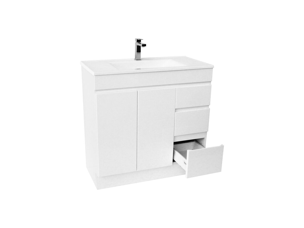 Espire Single Bowl Vanity Unit with Kick Wave Top 2 Door and 3 Drawer 910mm White