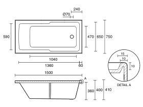 Technical Drawing - Posh Domaine Shower Bath 1500 x 750 x 410mm White