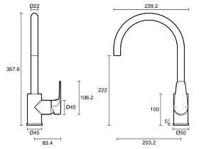 Technical Drawing - Posh Solus Gooseneck Sink Mixer Tap (5 Star)