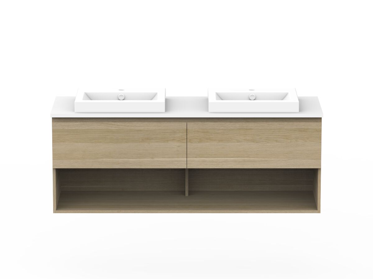 Posh Domaine Plus Shelf All-Drawer 1500 Double Bowl Wall Hung Vanity Unit Caesarstone Top