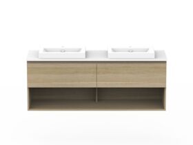 Posh Domaine Plus Shelf All-Drawer 1500 Double Bowl Wall Hung Vanity Unit Caesarstone Top