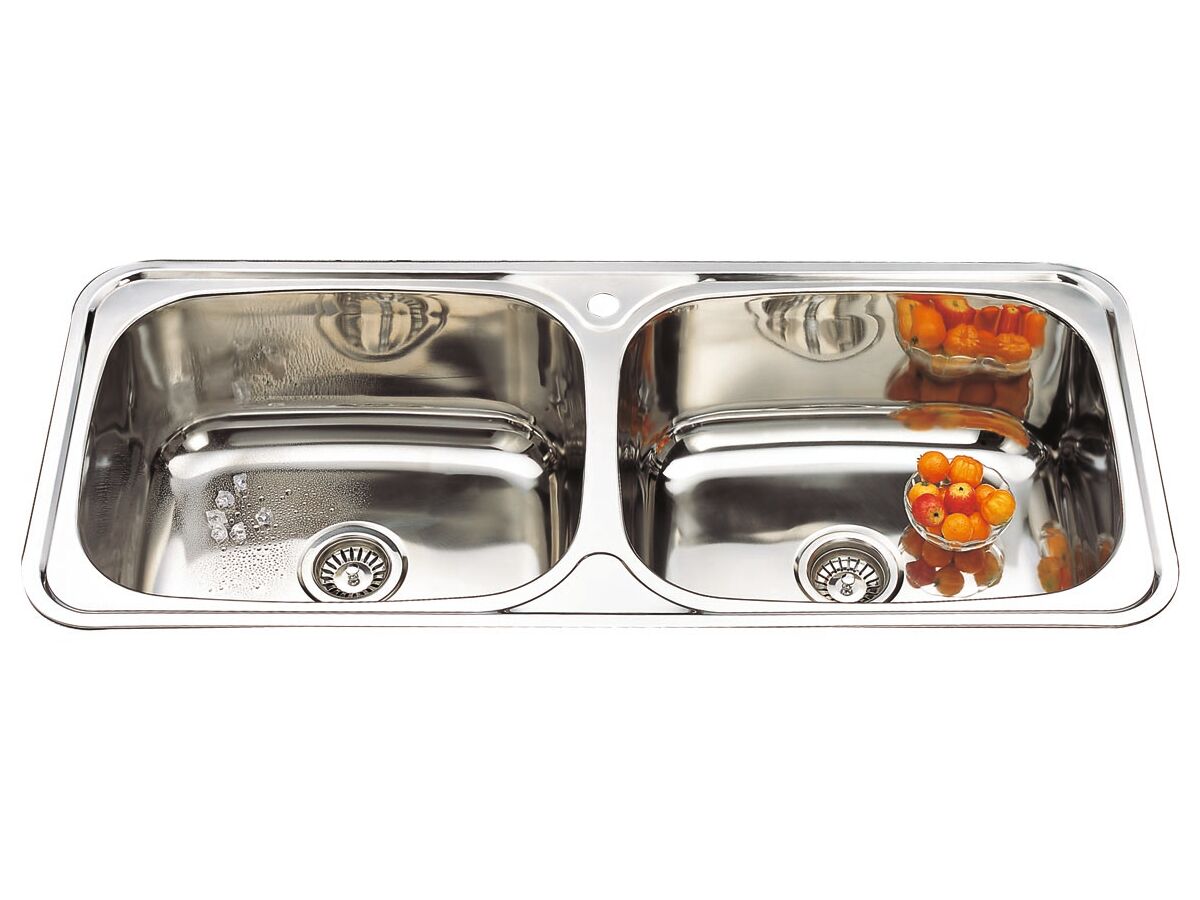 Posh Solus Double Flat Rim Trough with Bypass 1 Taphole 90 Litres Stainless Steel