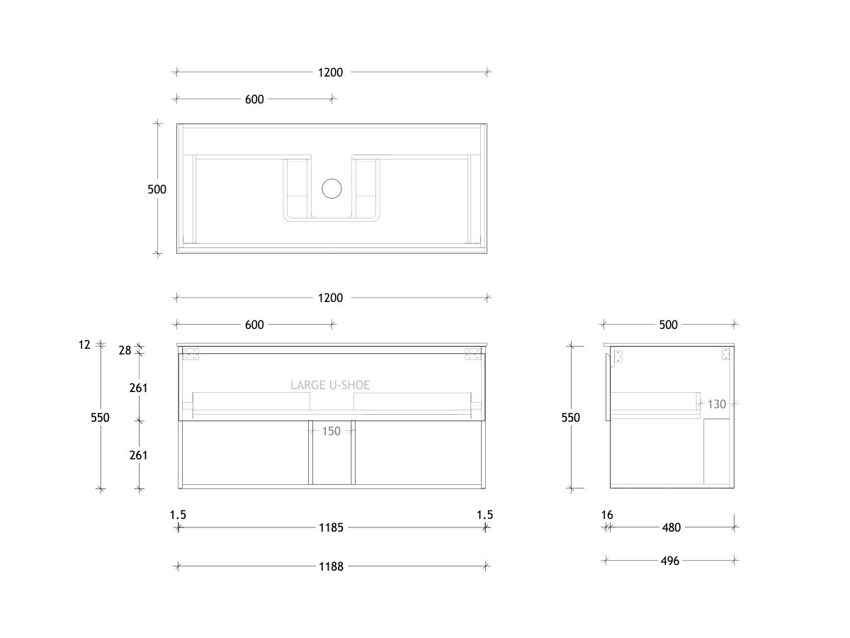 Posh Domaine and Domaine Plus 1200mm Wall Hung Vanity Unit All-Drawer Open Shelf Single Bowl Durasein Top (No Basin)