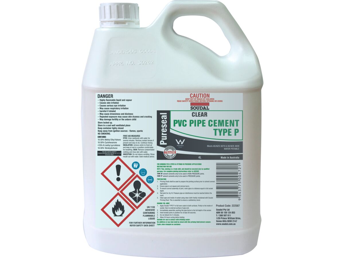 Soudal Pureseal Solvent Cement Type P Clear 4ltr from Reece