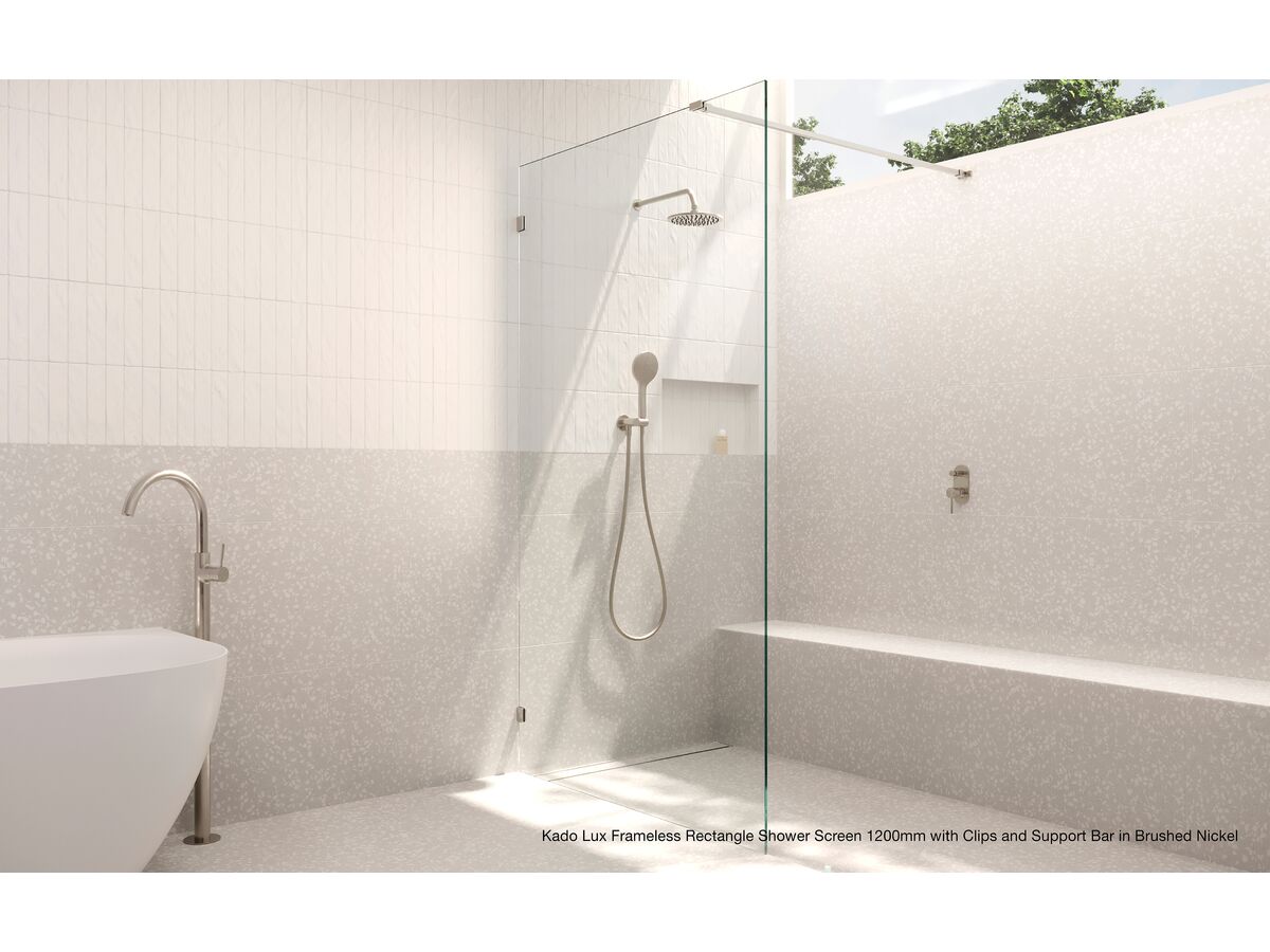 In Situ - Kado Lux Frameless Rectangle Shower Screen 1200mm with Clips and Support Bar in Brushed Nickel