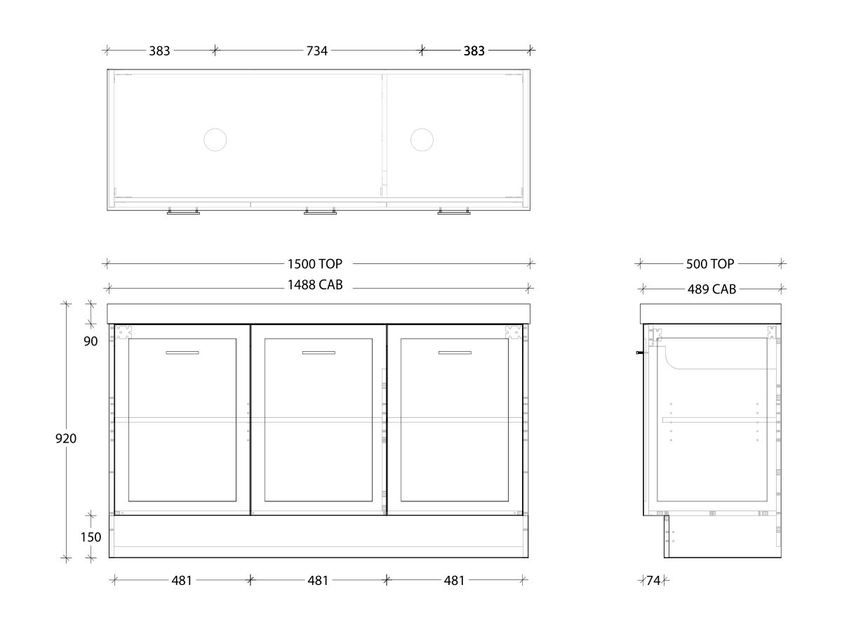 Kado Lux Door Vanity Unit 1500 Floor Mount Centre Bowl Statement Top 3 Doors (No Basin)