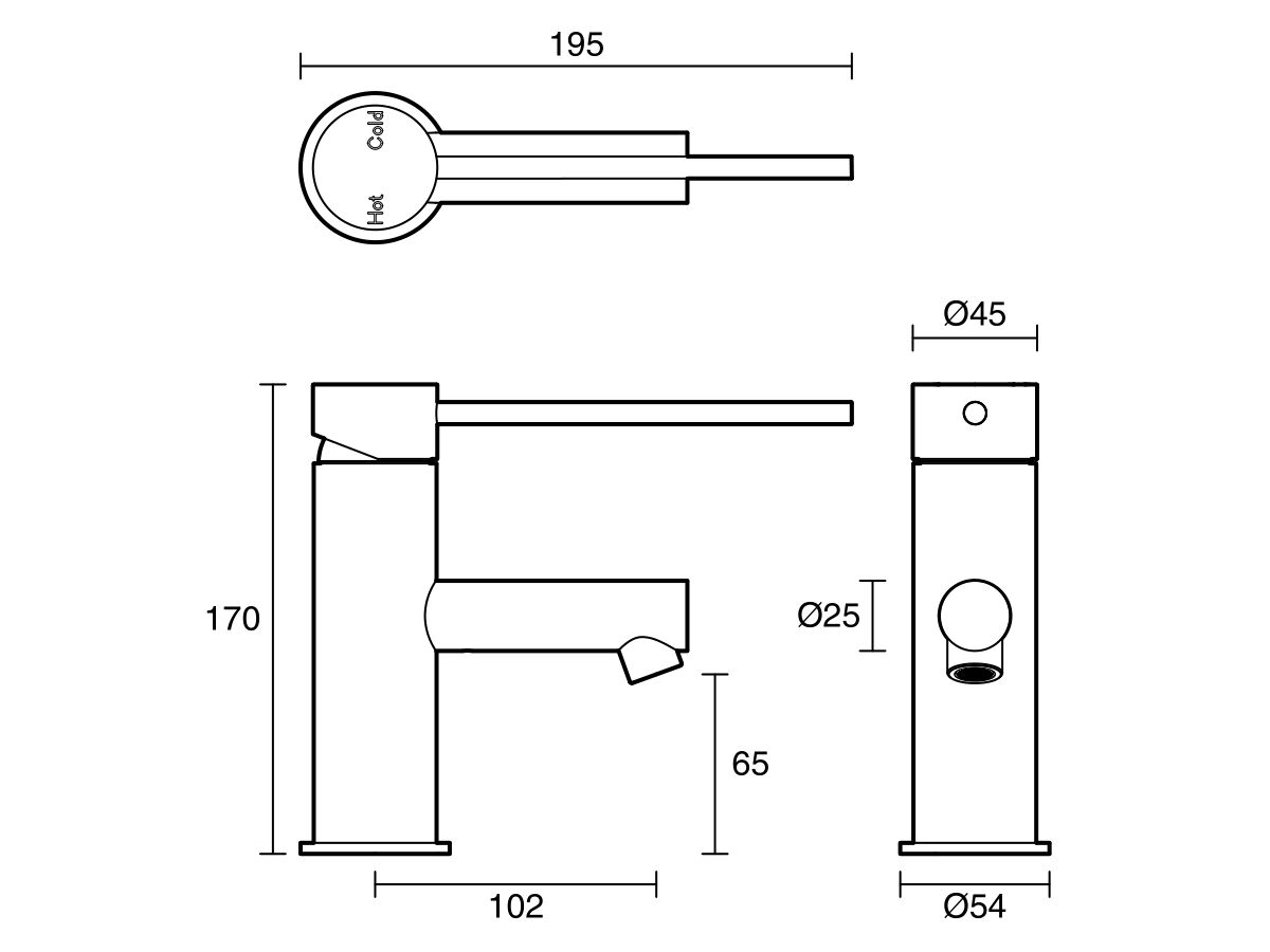 Technical Drawing - Scala Basin Mixer Tap with 150mm Extension Pin