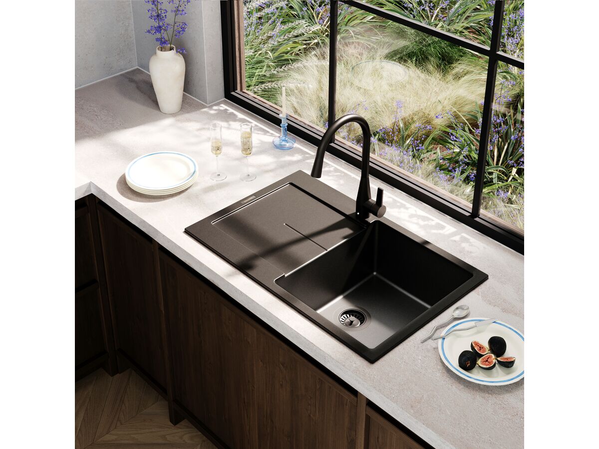Memo Freya Single Bowl Sink 1 Taphole Right Hand Bowl with Drainer Granite Black