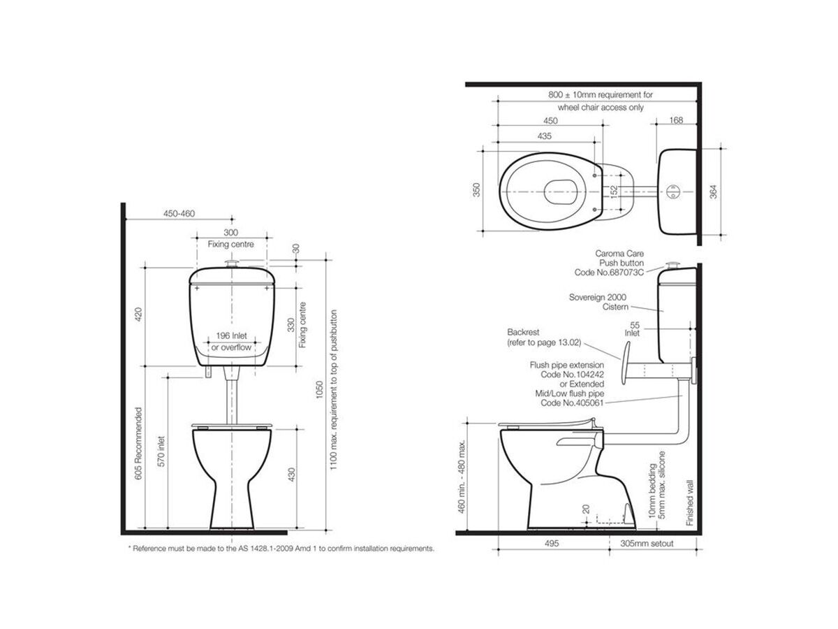 Caroma Care 400 Bottom Inlet Toilet Suite S Trap & Backrest with Caravelle Single Flap Seat White (4 Star)