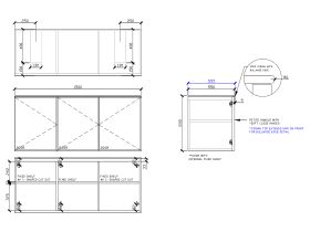 Technical Drawing - ISSY Adorn Undermount Wall Hung Vanity Unit with Three Doors & Internal Shelf with Petite Handle 1500mm x 550mm x 650mm DOUBLE BASIN (CENTRE LEFT)