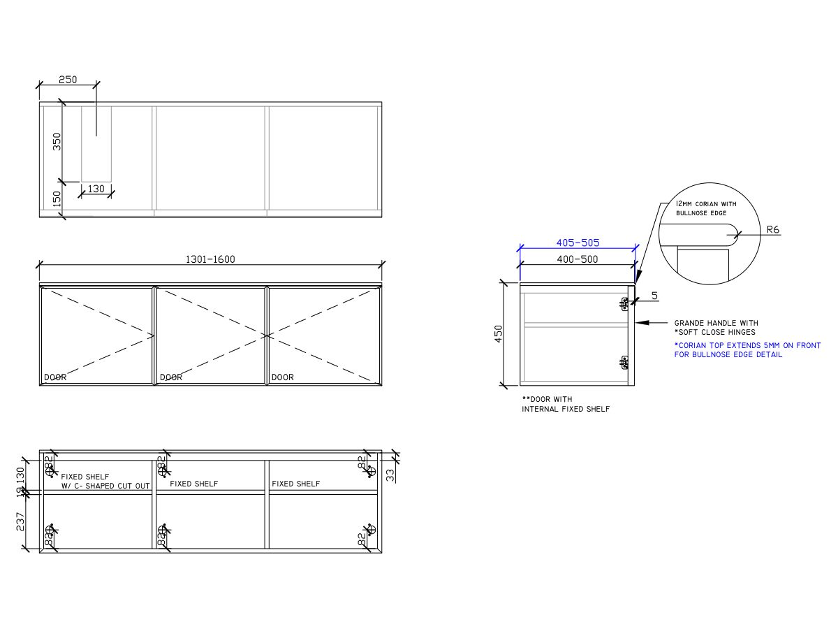 ISSY Adorn Above Counter / Semi Inset Wall Hung Vanity Unit with Three Doors & Internal Shelf with Grande Handle 1301-1600mm x 400-500mm x 450mm OFFSET LEFT (CENTRE LEFT)