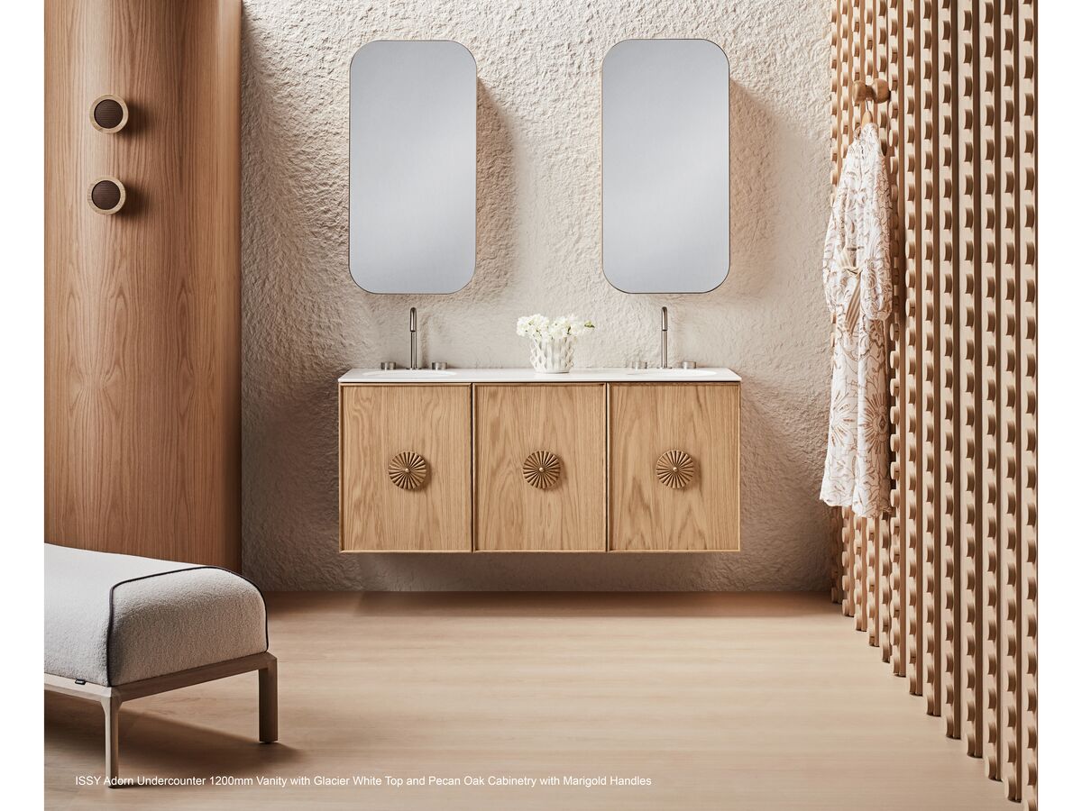 Adorn 3 vanity with Grace handle and Ballerina shaving cabinet landscape - American Oak