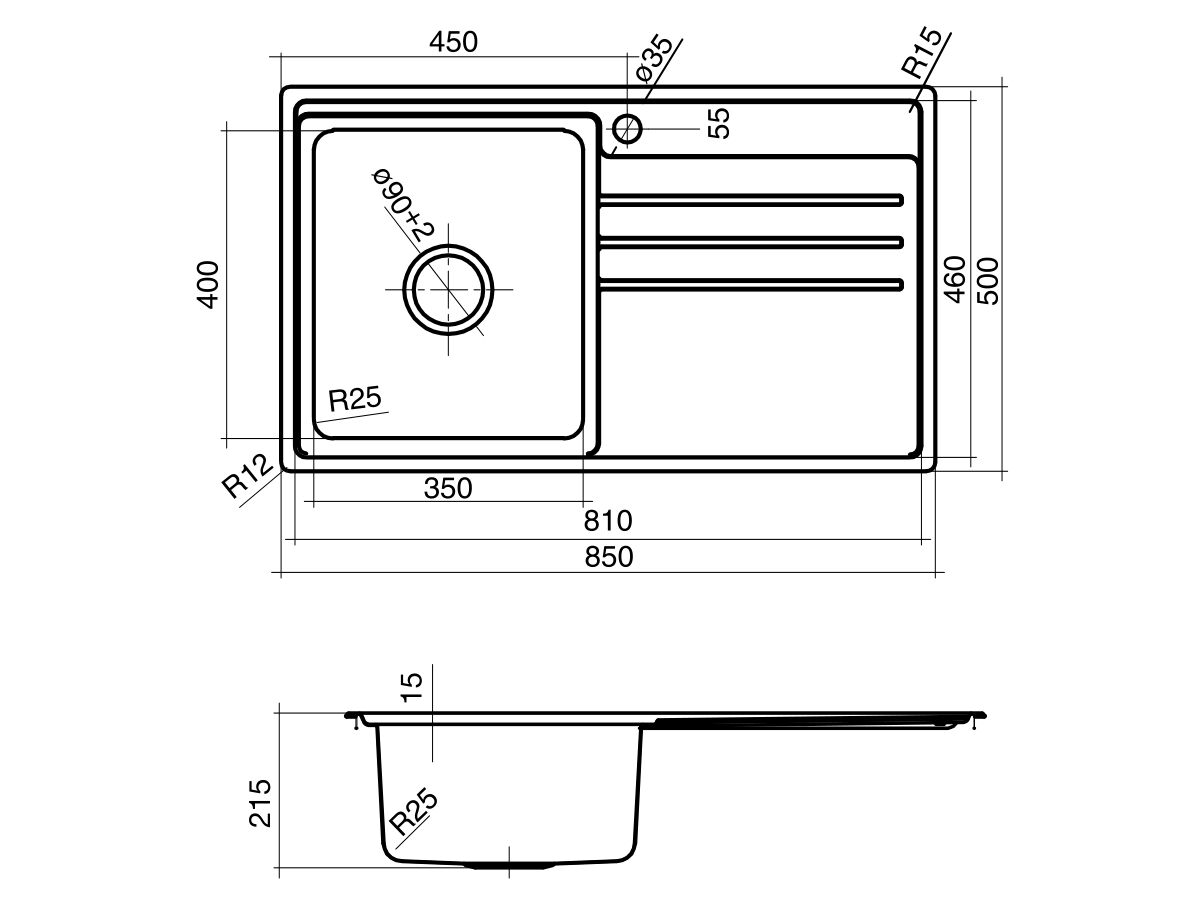 Mizu Geometric Single Bowl Inset Sink Left Hand Bowl 1 Taphole 850mm Stainless Steel