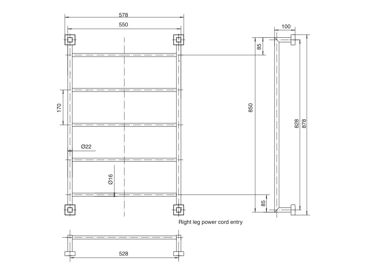 Mizu Bloc Heated Towel Rail 550mm x 850mm Polished Stainless Steel
