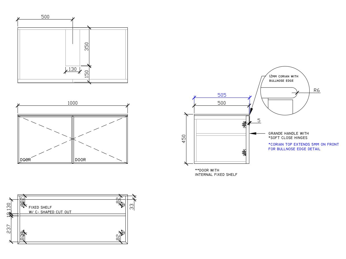 ISSY Adorn Above Counter / Semi Inset Wall Hung Vanity Unit with Two Doors & Internal Shelves with Grande Handle 1000mm x 500mm x 450mm CENTERED (OPENS BOTH SIDES)