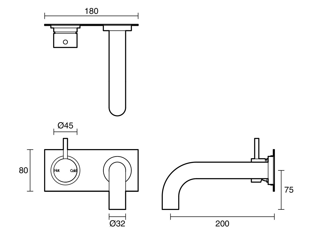 Technical Drawing - Scala 32mm Curved Wall Basin Mixer Tap System Left Hand Mixer Tap 200mm Outlet