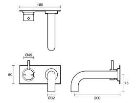 Technical Drawing - Scala 32mm Curved Wall Basin Mixer Tap System Left Hand Mixer Tap 200mm Outlet