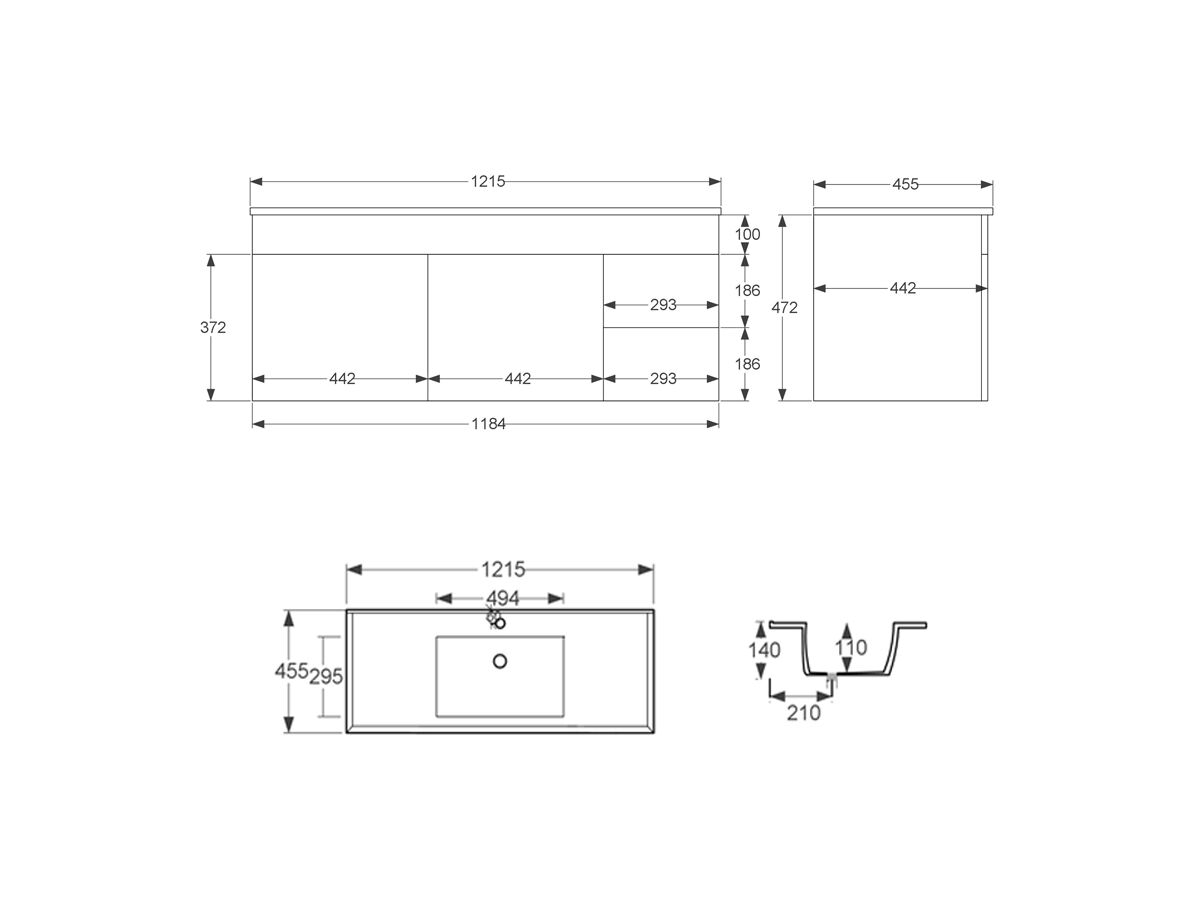 Posh Bristol T-Series 1200mm Wall Hung Vanity Unit Centre Bowl 2 Door ...