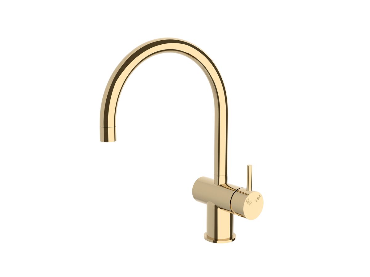 Scala Sink Mixer Tap Large Curved Spout Right Hand Brass Gold