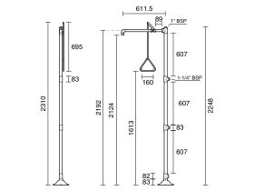 Technical Drawing - Wolfen Freestanding Safety Shower Hand Operated Polished Stainless Steel