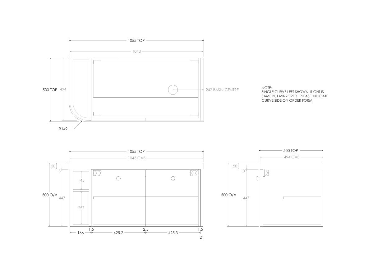 Kado Era 50mm Durasein Statement Top Single Curve All Door 1050mm Wall Hung Vanity with Right Hand Basin