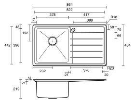 Memo Hugo Single Bowl Sink 1 Taphole Left Hand Bowl with Drainer Stainless Steel