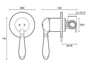 Technical Drawing - Milli Voir Shower Mixer Porcelain Small Cover Plate