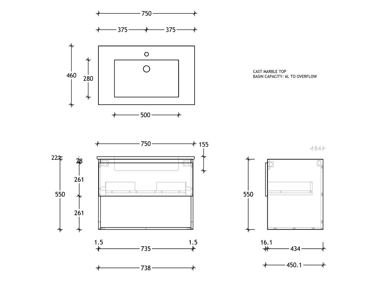 Posh Domaine Open Shelf AllDrawer 750mm Wall Hung Vanity Cast Marble Top Centre Basin from Reece